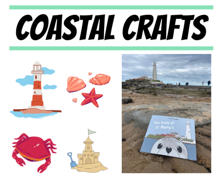 The words coastal c rafts with pictures of a lighthouse, shells, craba nd sandcastle and a picture book with a seal on the cover