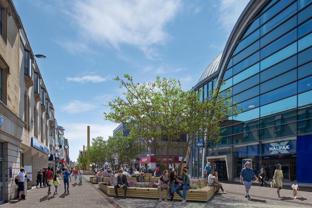 An artist's impression of Northumberland Street, viewed from Haymarket. People sit on new seating, which incorporates flowerbeds and trees, in the middle of the street. In the distance new lighting columns can be seen. To the right is the branch of Halifax bank in Haymarket Metro station.