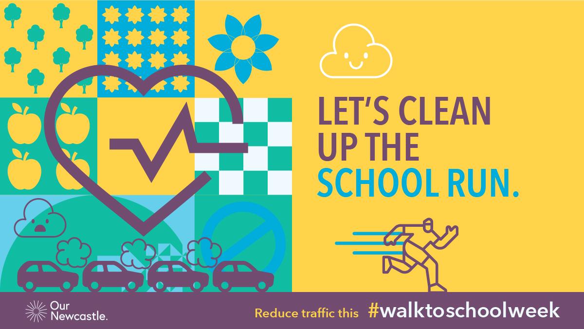 A graphic with the words 'Let's clean up the school run' and an image of a person running on one side and a line of cars with exhaust fumes coming out on the other side.