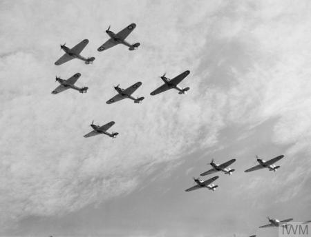 Six British Hawker Hurricane from 85 Squadron fly in formation as they defend the skies in October 1940 during the Battle of Britain. 