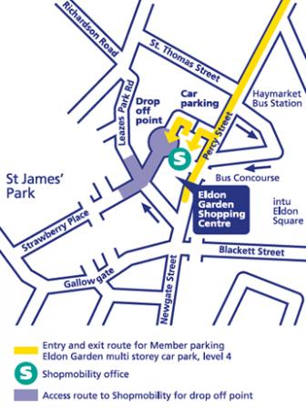 Image of map which shows where Newcastle Shopmobility is in Eldon Gardens