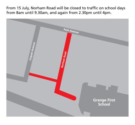 Map showing Norham Road. From 15 July 2022, Norham Road will be closed to traffic on school days from 8am until 9.30am, and again from 2.30pm until 4pm