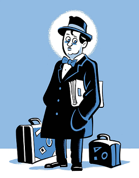 Cartoon image of Erich Wolfgang Korngold with two suitcases and a folder full of documents looking confused and tired