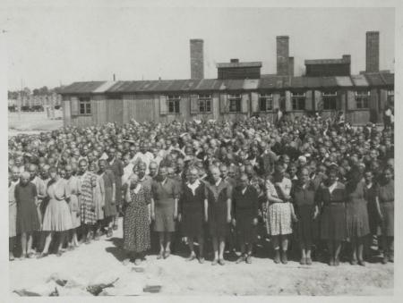 Row after row of women prisoners with shaved heads line up for a roll call at Auschwitz