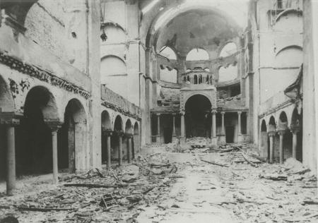 Interior of a synagogue destroyed in Berlin during Kristallnacht 