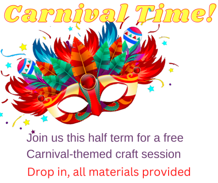 Carnival mask with information about Newcastle Libraries half term craft events
