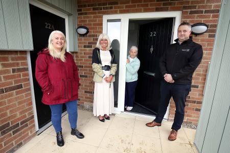 From left to right Councillor Linda Hobson, Cabinet Member for Housing; Tina Drury, Managing Director at Your Homes Newcastle; Maxine Mine, Resident' and Chris Price, Tolent Operations Director