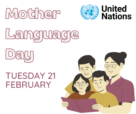 family reading with the words Mother Language Day and the United Nations logo