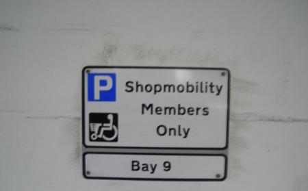 Shopmobility sign in bays state ‘Shopmobility members only’