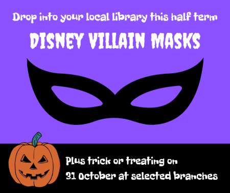 Purple tile with a mask on and text 'Disney Villain Masks'