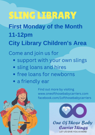 Poster for the sling library, showing a woman carrying a baby in a sling