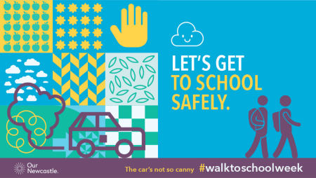 Graphic of children walking to school with the text Let's get to school safely