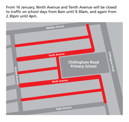 Map showing Ninth Avenue and Tenth Avenue and the back lanes behind them will be closed to through traffic on school days  from 16 January. The times are from 8am until 9.30am and again, from 2.30pm until 4pm.