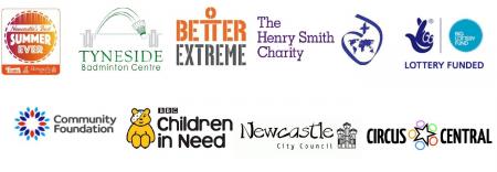 logos of Tyneside Badminton Centre, Better Extreme, The Henry Smith Charity, Lottery Fund, Community Foundation, Children in Need, Newcastle City Council, Circus Central