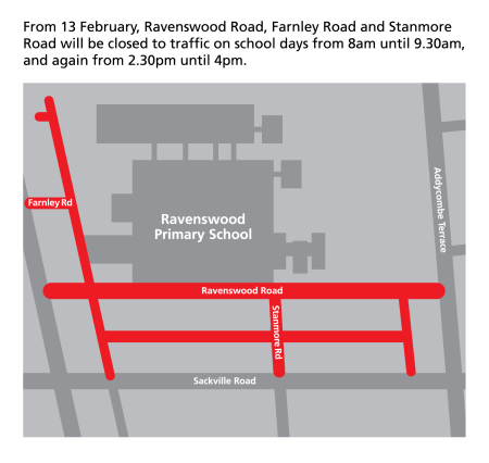 Image of Map with On school days, Ravenswood Road, Farnley Road and Stanmore Road and their back lanes, will be closed to traffic in the mornings when pupils arrive, and in the afternoon when they go home.