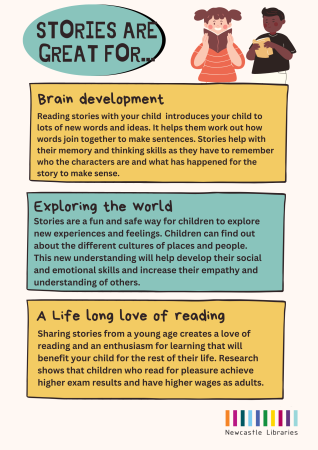 Poster saying stories are great for brain development, exploring the world and a life long love of reading