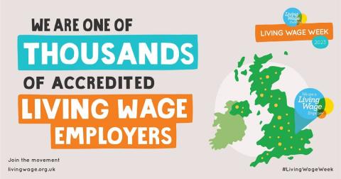 A map of the UK with text declaring We are one of thousands of accredited living wage employers