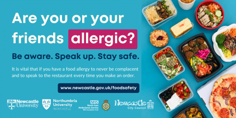 Takeaway food in containers on a blue background. Text: Are you or your friends allergic? Be aware. Speak up. Stay Safe. It is vital that if you have a food allergy to never be complacent and to speak to the restaurant every time you make an order. www.newcastle.gov.uk/foodsafety