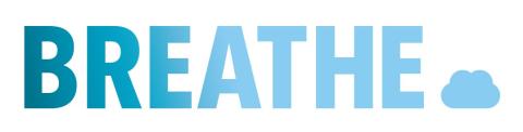 Graphic showing the word Breathe in blue capital letters with a full stop shaped like a cloud.