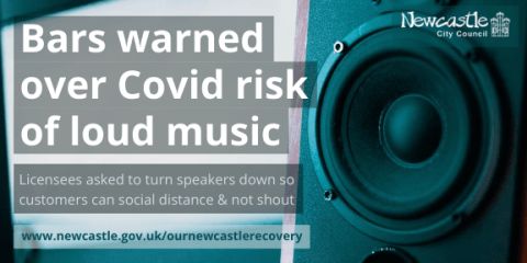 A speaker with the text 'Bars warned over Covid risk of loud music'