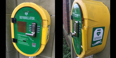 Fenham library defibrillator cabinet, with close up detail of the damage caused by thieves