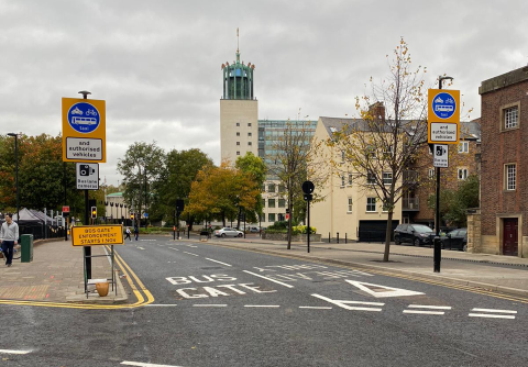 Photograph of the bus lane signage at the top of John Dobson Street (looking towards the Civic Centre)