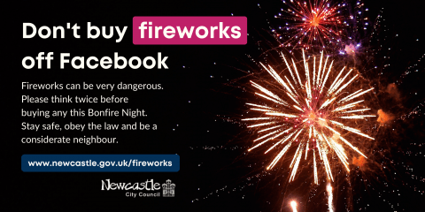 Fireworks exploding in the night sky with text urging people not to buy explosives on Facebook