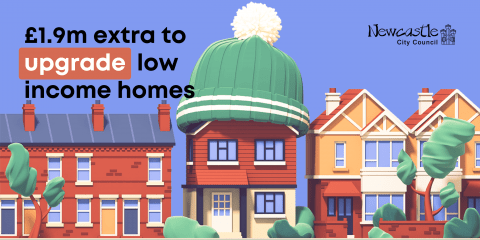 A cartoon of a house in a woolly hat with the text "£1.9m extra to upgrade low income homes"
