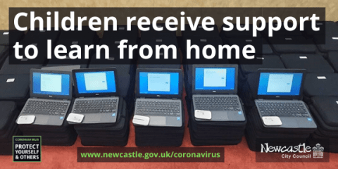 Five open laptops sat on a pile of over 1,000 laptops with the text Children receive support to learn from home