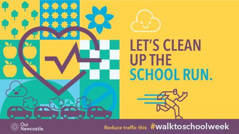 A graphic with the words 'Let's clean up the school run' and an image of a person running on one side and a line of cars with exhaust fumes coming out on the other side.