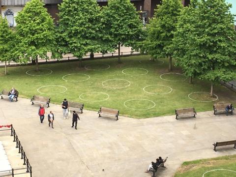 Photo looking down onto Old Eldon Square showing white circles marked out on grassed areas.