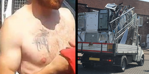 Body camera images of scrap man Lewis Temple's distinctive dog tattoo and his overladen van full of metal