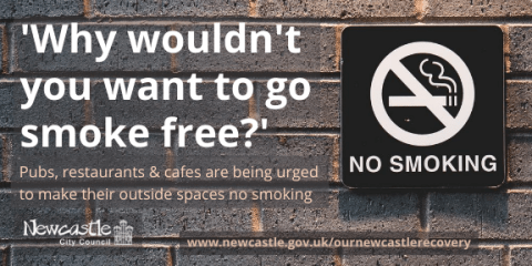 A no smoking sign on a grey brick wall with the text 'Why wouldn't you want to go smoke free?'