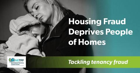 Woman holding a child in her arms with a tagline that reads housing fraud deprives people of homes
