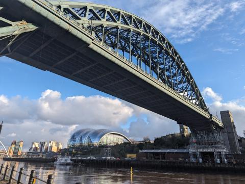 Image of the Tyne Bridge with the scaffolding rising on the Gateshead Tower
