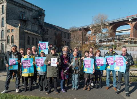 Members of the community in Ouseburn celebrate their Plastic Free Community award