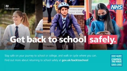Image with three photos showing a child walking, riding a bike and sitting on a bus with the caption Get back to school safely.
