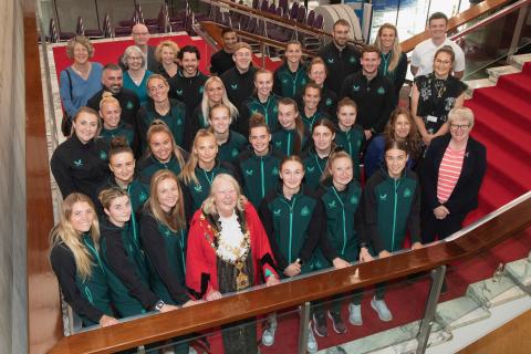 The Newcastle United Women's football team with the Lord Mayor of Newcastle at the civic reception