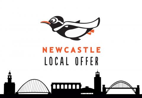 A black and white image showing a cartoon bird flying over a drawing depicting the Newcastle city skyline with the words 'Newcastle Local Offer'