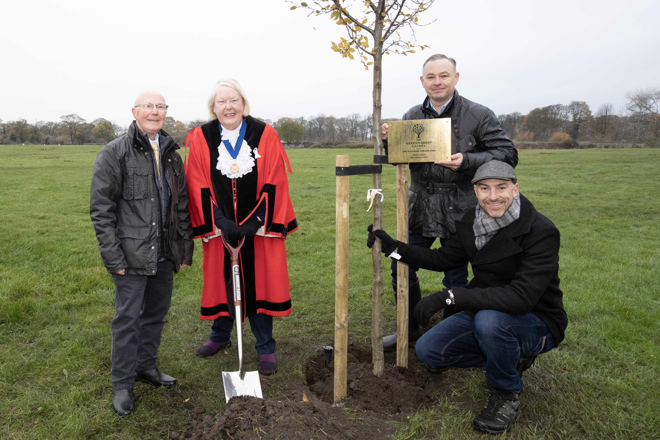 David Wilson, Chair of the Freemen of Newcastle upon Tyne, Sheriff and Deputy Lord Mayor, Councillor Veronica Dunn, Nick Atkinson, Vice Chair of the Freemen of Newcastle, Lloyd Jones, Forest Manager, North East Community Forest