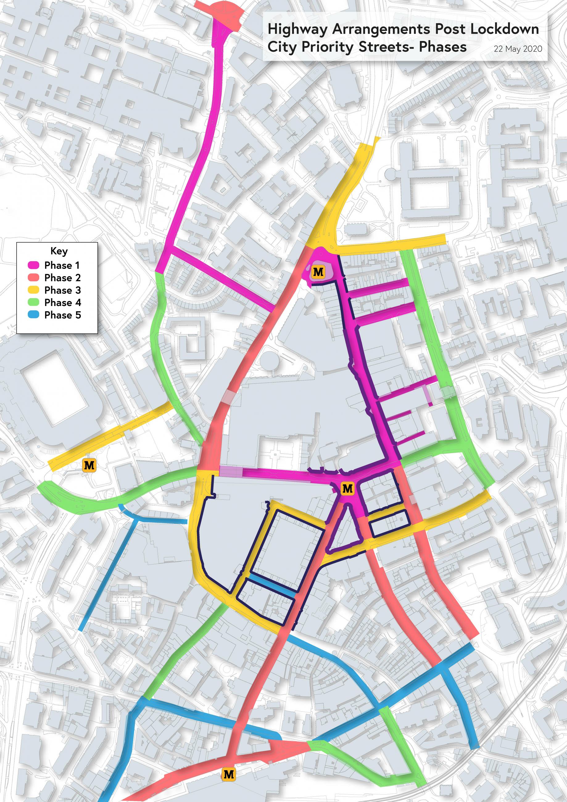 Black and white map showing city centre streets with some in different colours to indicate different phases of work.
