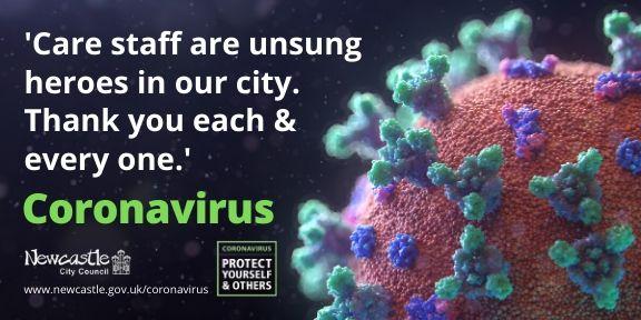 A visualisation of a coronavirus with a quote from within the article thanking staff.