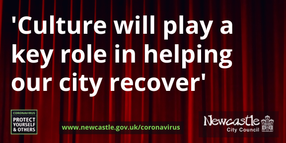 A red theatre-style curtain with the text Culture will play a key role in helping our city recover