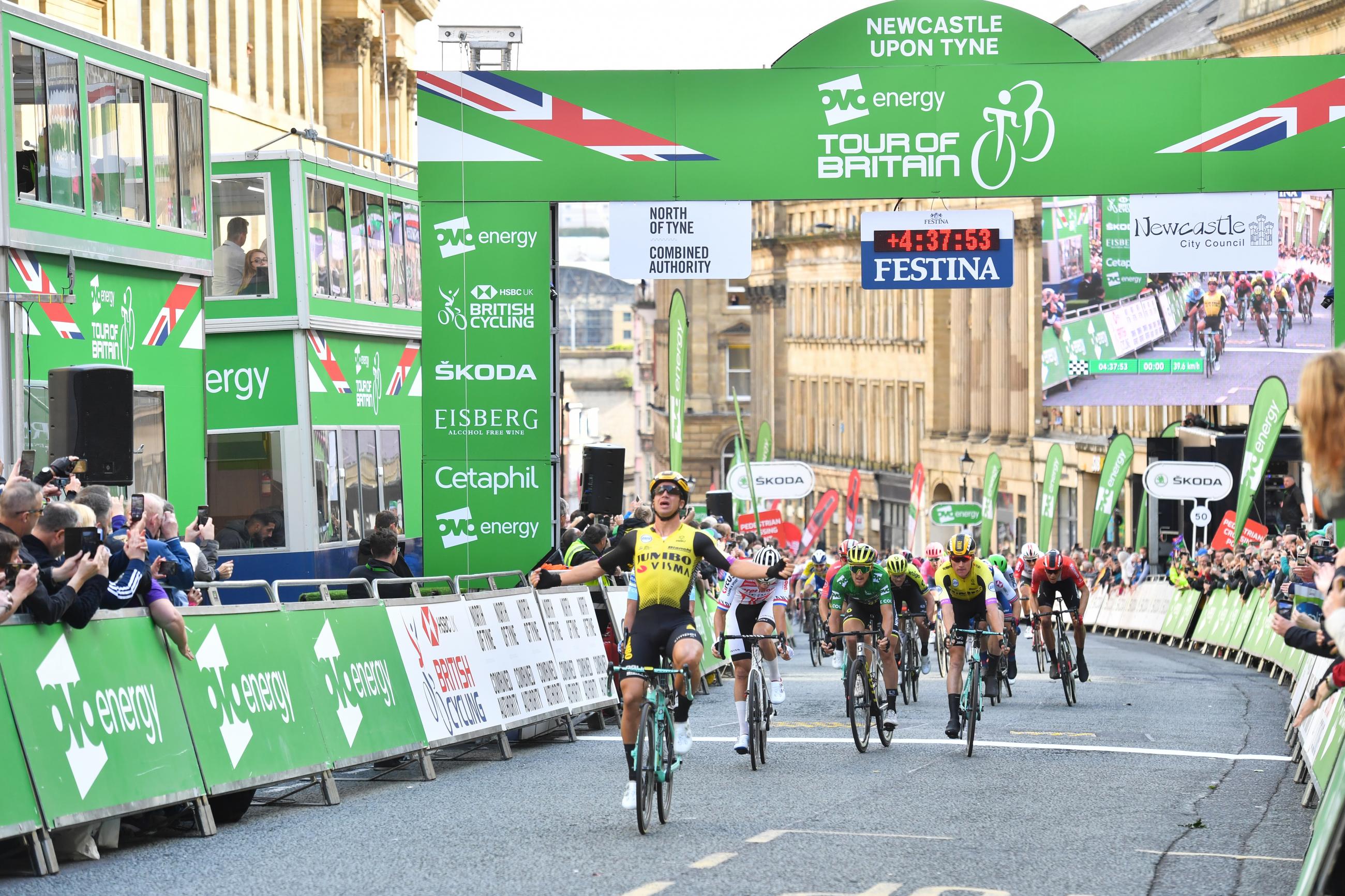Dylan Groenewegen takes victory in the Tour of Britain stage finish on Grey Street