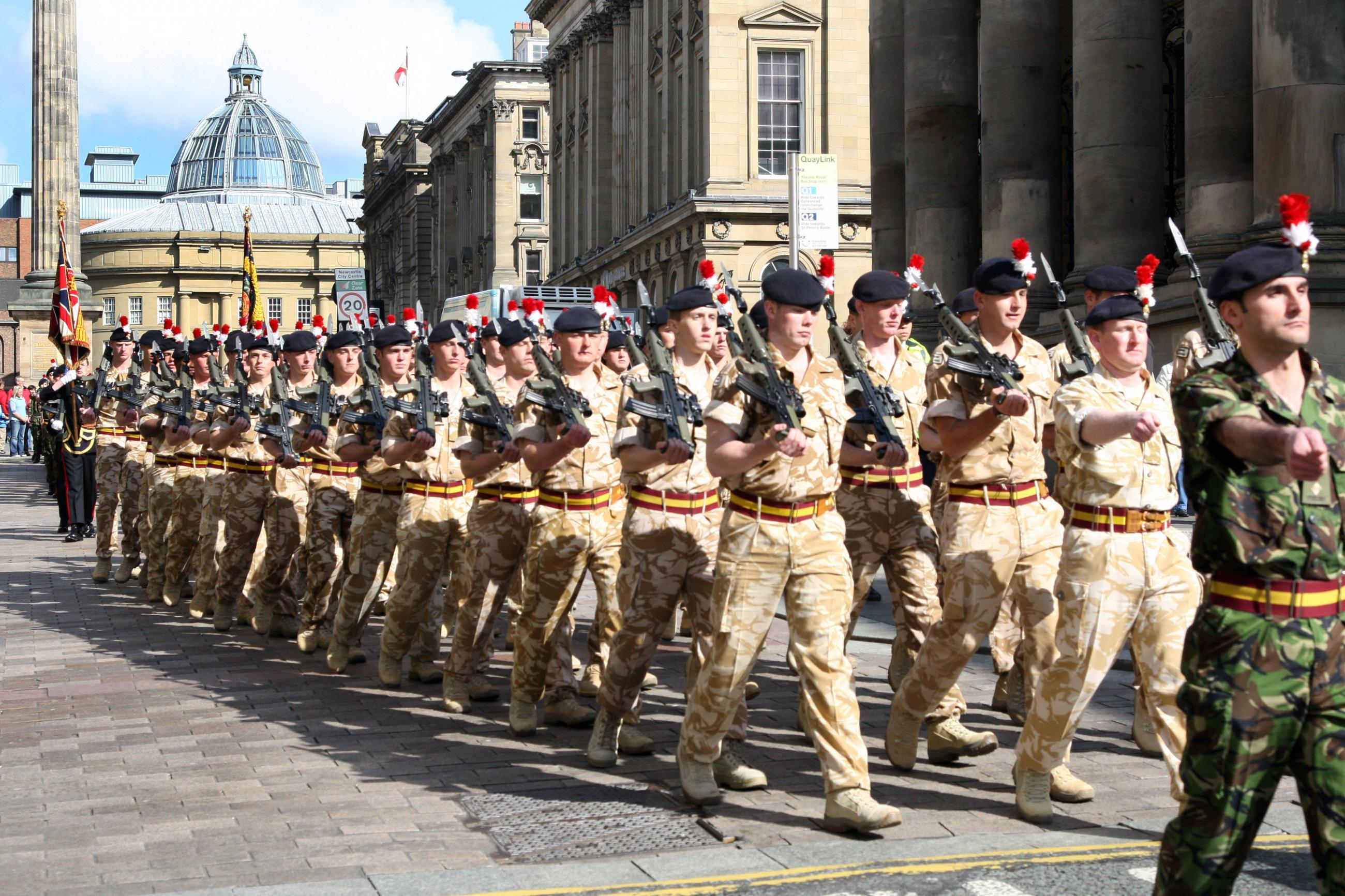 Royal Regiment of Fusiliers marching through Newcastle