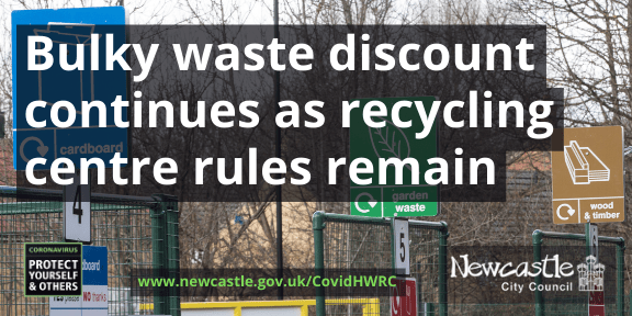 Photo of Walbottle HWRC with text Bulky waste discount continues as recycling centre rules remain