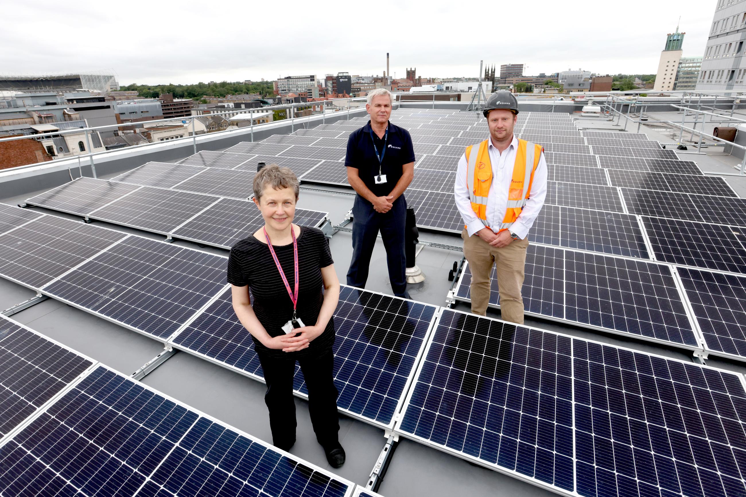 Cllr Jane Byrne, Newcastle City Council’s Connected City Cabinet member, with Tim Wood, Director of Sustainability & Innovation at EQUANS and Joe Logan, Construction Manager at EQUANS on the roof of City Library