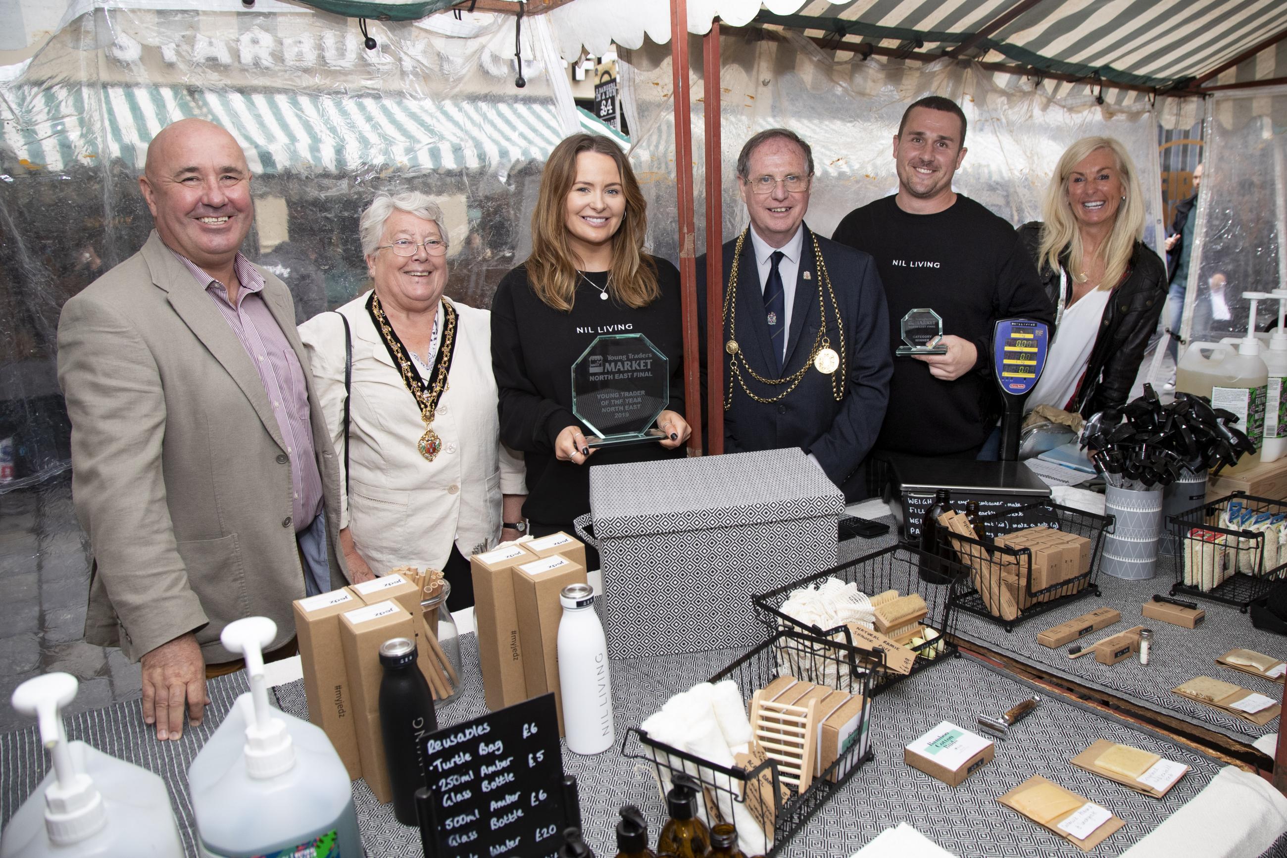 Lucy Ritson, with Cllr Ged Bell, Lord Mayor David Cook and Lady Mayoress and Michelle Percy, Acting Director for Place, Newcastle City Council