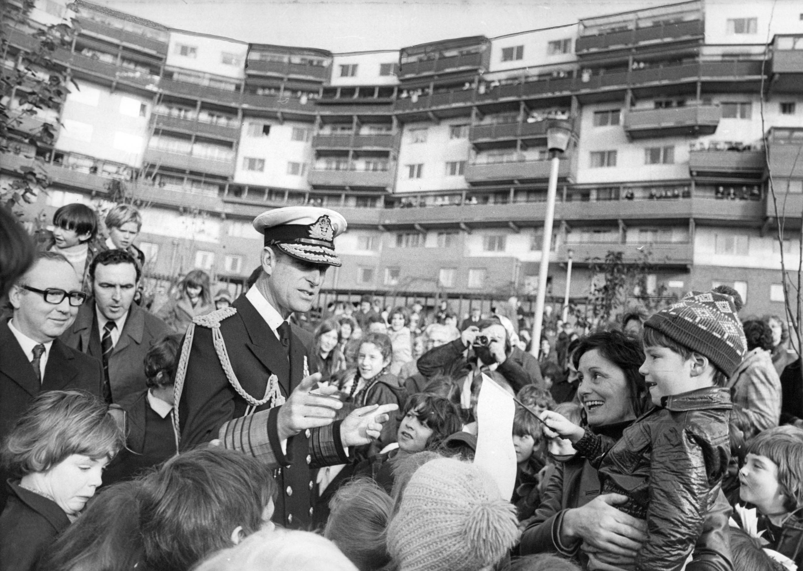 Prince Philip visits the recently opened Byker Wall housing development in Byker, Newcastle, and chats to local people, c1974 (Credit Newcastle Chronicle and Journal) 