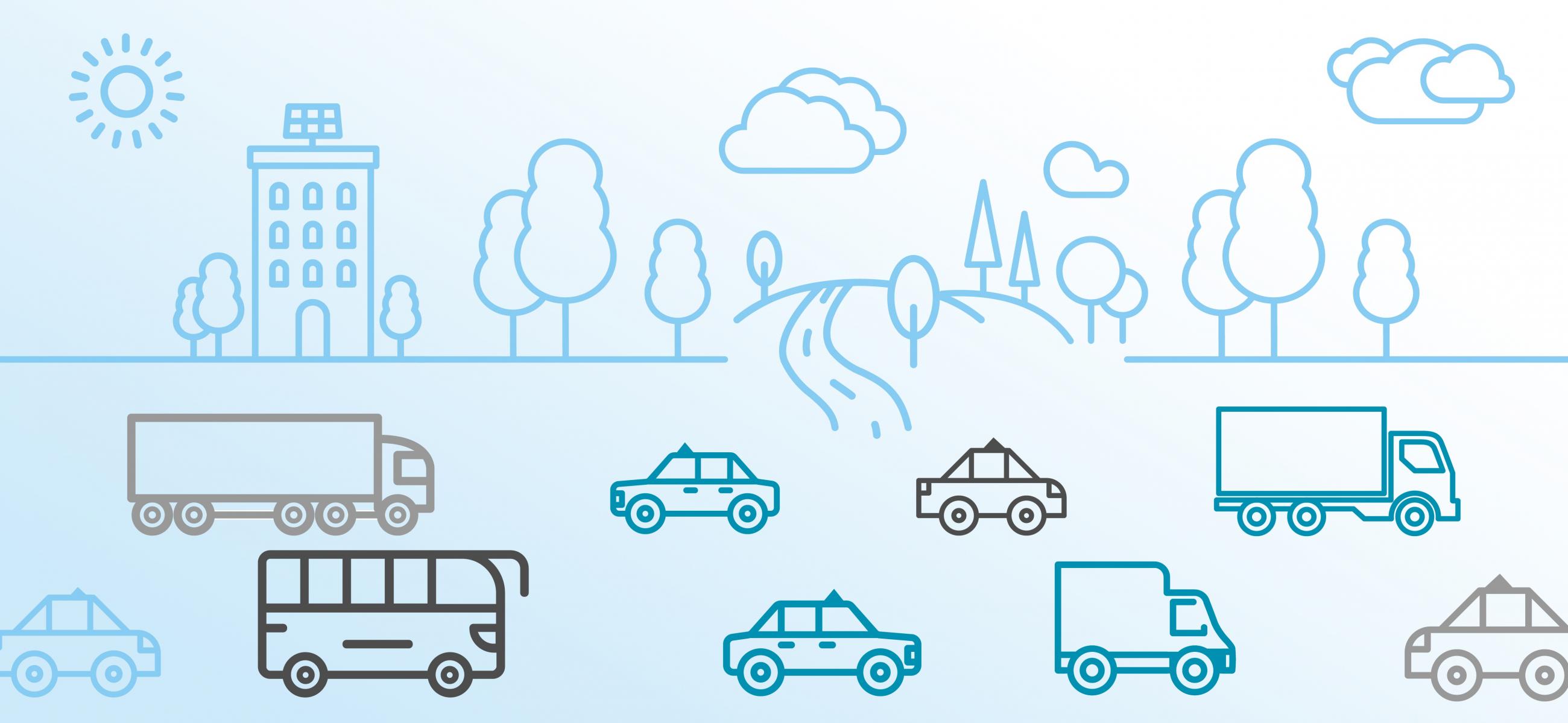 Artwork showing vehicles and trees